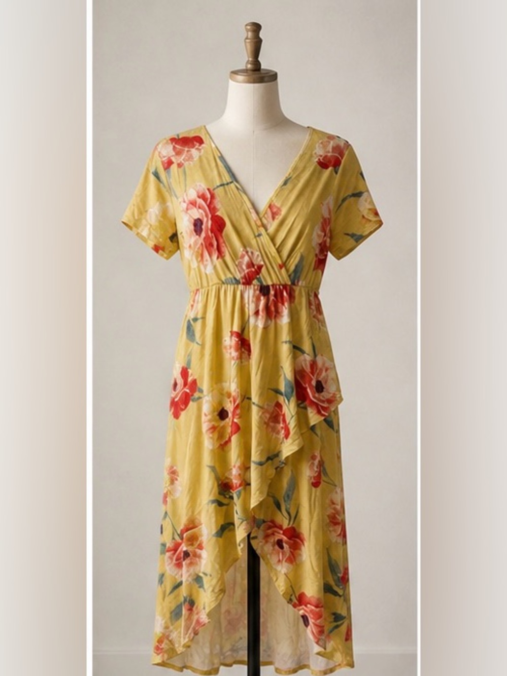 -NWT- Yellow Floral High-Low Dress with Red Bloom Print